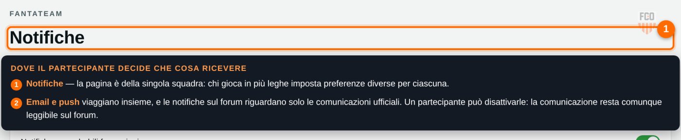 Pagina Notifiche della propria squadra, con la spiegazione di come funzionano