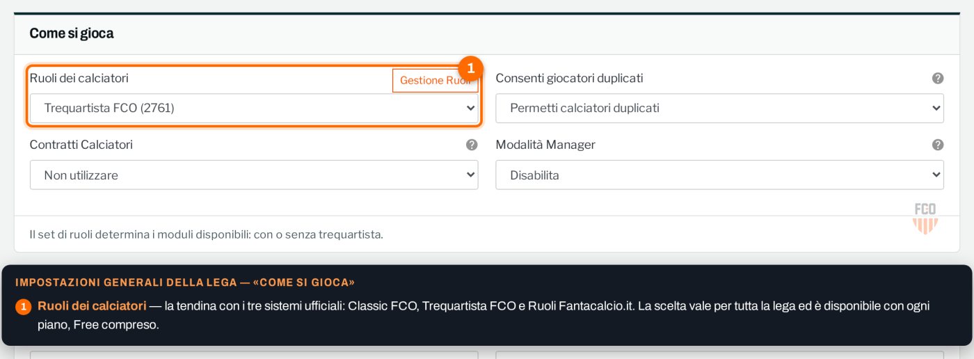 Impostazioni generali di una lega, sezione Come si gioca: la tendina Ruoli dei calciatori con i tre sistemi Classic FCO, Trequartista FCO e Fantacalcio.it